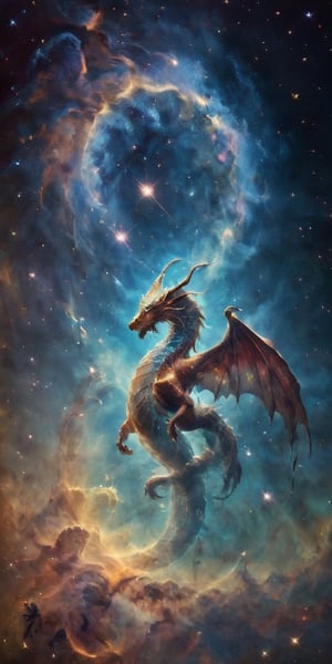 A celestial dragon, its body a tapestry of cosmic colors, adorned with glowing constellations that seem to dance across its scales. It coils around a glowing comet, its serpentine form framed by the vastness of space, with distant galaxies and nebulae painting a breathtaking backdrop.
