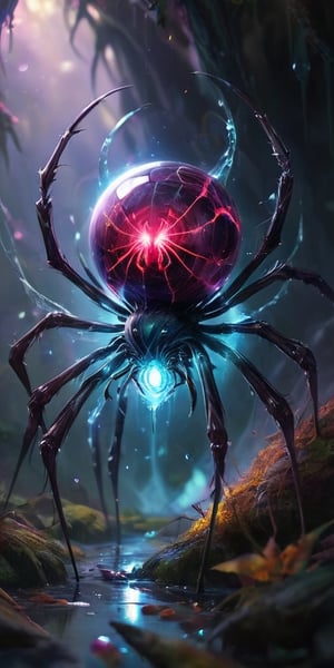 A colossal, crystalline entity resembling a twisted spider pulsates with an inner light. Its legs, formed from razor-sharp crystals, pierce the ground, and its multifaceted eyes gleam with an intelligence both alien and unsettling.
