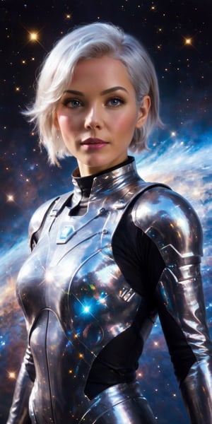 Cosmic Navigator A beautiful woman with short, silver hair and an air of confidence, clad in a sleek, minimalist spacesuit. She stands at the helm of a starship, with a large holographic map of the galaxy displayed before her and the stars glittering through the viewport.
