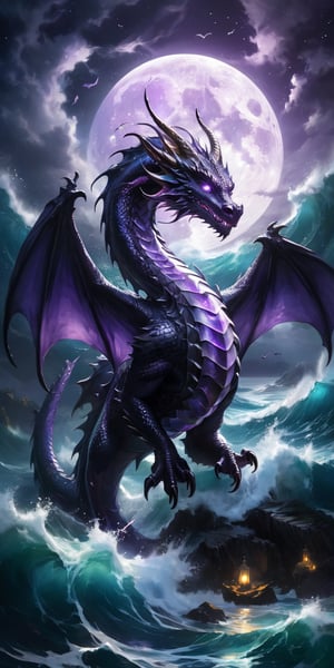 A dragon with shimmering amethyst scales gliding over a dark, turbulent sea. The moonlight catches on its scales, creating a dazzling display, while the turbulent waves and its fierce expression underscore its dangerous nature.
