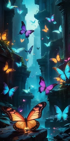 A swarm of bioluminescent butterflies with iridescent wings flutter through the ruins of an ancient alien city. Their delicate beauty masks a deadly secret: their powdery scales are laced with a potent neurotoxin, leaving those who disturb them in a paralyzed state.
