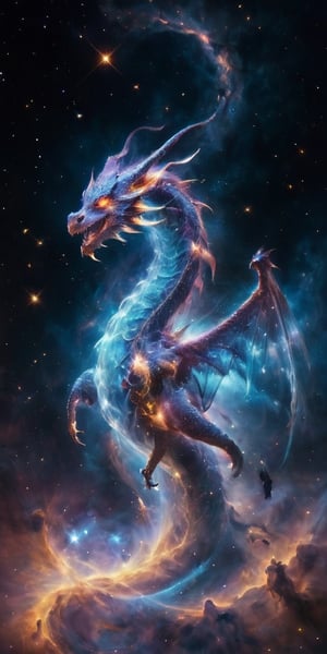 A cosmic dragon, its body a swirling vortex of stars and galaxies, with nebulae glowing softly within its translucent wings. It roars silently into the void, a beacon of majestic power and otherworldly beauty in the infinite expanse of space.
