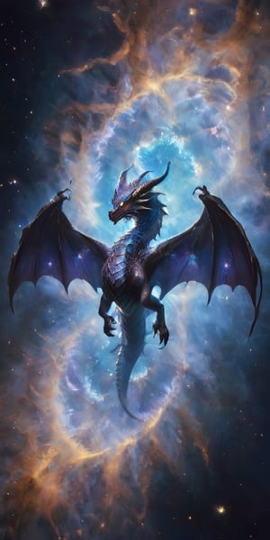 A massive dragon with shimmering scales of iridescent blue and silver, its wings spanning vast distances, gliding gracefully amidst a backdrop of swirling galaxies and twinkling stars. The dragon's eyes glow with the light of distant nebulae, and its breath creates beautiful trails of stardust behind it.
