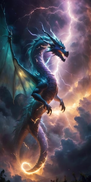 A dragon of pure energy, its body crackling with lightning-like tendrils of light that arc and twist around its sleek form. It flies through a field of shimmering auroras, its presence seemingly causing the lights to intensify, creating a stunning display of color and motion in the night sky.
