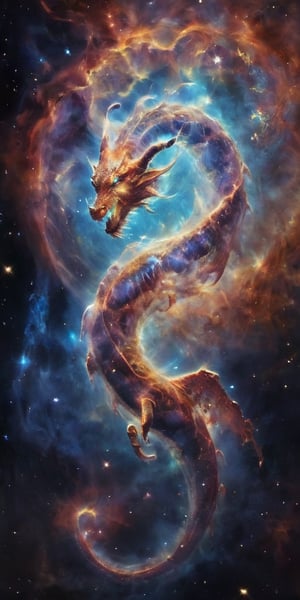 A celestial dragon, its body a tapestry of cosmic colors, adorned with glowing constellations that seem to dance across its scales. It coils around a glowing comet, its serpentine form framed by the vastness of space, with distant galaxies and nebulae painting a breathtaking backdrop.
