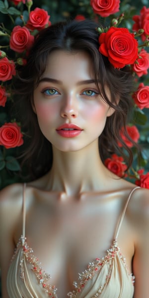 A close-up portrait of a woman with deep green eyes and a serene smile. Her curly hair is adorned with a single red rose, and she wears a simple, cream-colored dress. The background features a softly blurred image of a vibrant rose garden.
