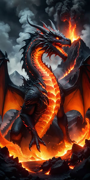 A fiery dragon with lava-red scales emerging from a volcano's mouth. The intense heat and molten rock accentuate its fierce beauty, while the smoke and ash create an aura of impending doom.
