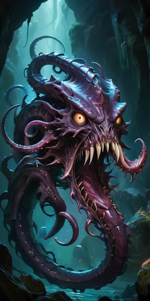 The Abyssal Devourer In the depths of a forgotten abyss, a monstrous entity lurks. It possesses a serpentine body that undulates sinuously, covered in slimy, translucent flesh. Its many eyes glow with a malevolent intelligence, and its gaping maw is lined with rows of needle-like teeth. Tentacles, each tipped with a bony barb, writhe around its form, ready to ensnare any who draw near.
