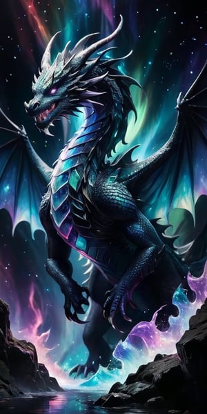 	10. A majestic dragon with scales that have the appearance of polished crystal, catching and refracting the light from nearby stars. Its wings are enormous and semi-transparent, filled with swirling patterns that resemble the aurora borealis. The dragon's eyes are deep pools of black, reflecting the infinite depths of space. It soars near the edge of an event horizon, with the intense gravitational pull distorting the light around it, creating a dramatic and surreal scene.
