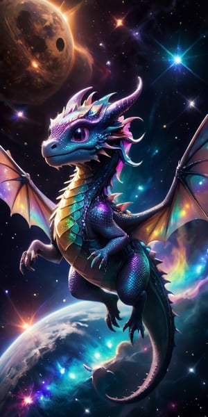 Floating Amongst the Stars A baby dragon with iridescent, cosmic-patterned scales drifts gracefully in the vacuum of space. Its eyes sparkle with stardust, and its tiny claws reach out toward a nearby planet's ring system, bathed in the light of a distant sun.