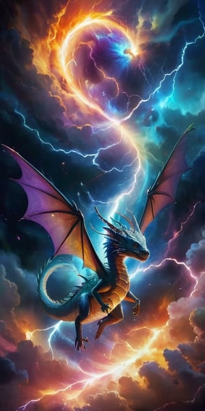 Dragon in a Cosmic Storm A baby dragon flies through a cosmic storm, its scales crackling with energy. Lightning-like arcs of energy surround it, illuminating its powerful, yet still small, form against the backdrop of a swirling vortex of colors.