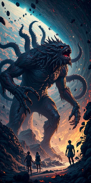 A monstrous alien-beast hybrid, with multiple twisted limbs and acidic saliva, emerging from a space rift to devour a crew stranded in their damaged starship.,Anime Style