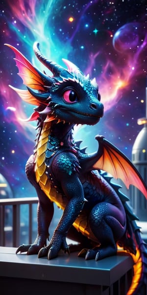 Baby Dragon on a Space Station Balcony A majestic baby dragon with shimmering scales stands on a balcony of a futuristic space station, gazing at the vast expanse of stars and colorful nebulae. Its wings are slightly spread, catching the glow of distant galaxies.