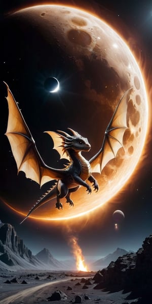 First Flight A baby dragon takes its first flight over a moon’s surface, with a magnificent gas giant dominating the sky. Its wings spread wide, catching the light from the planet’s rings, creating a majestic, awe-inspiring sight.
