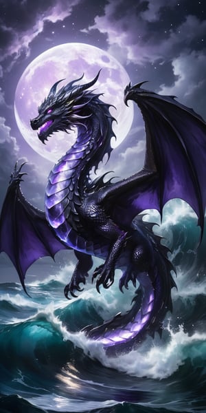 A dragon with shimmering amethyst scales gliding over a dark, turbulent sea. The moonlight catches on its scales, creating a dazzling display, while the turbulent waves and its fierce expression underscore its dangerous nature.
