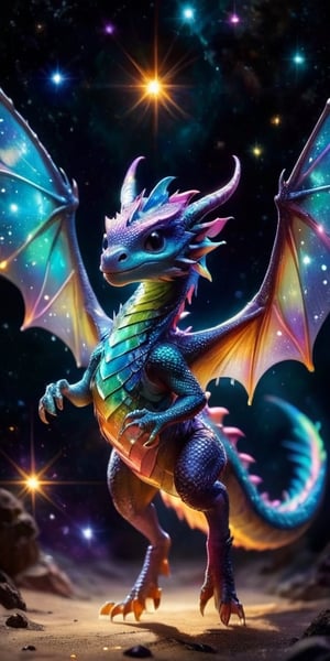 Floating Amongst the Stars A baby dragon with iridescent, cosmic-patterned scales drifts gracefully in the vacuum of space. Its eyes sparkle with stardust, and its tiny claws reach out toward a nearby planet's ring system, bathed in the light of a distant sun.