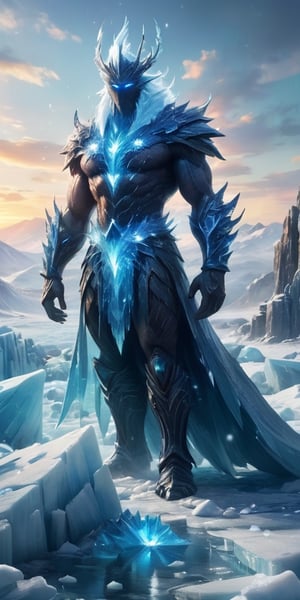 A towering, crystalline giant emerges from a frozen wasteland. Its body is composed of interlocking ice crystals, and its movements cause shimmering snowflakes to cascade around it.
