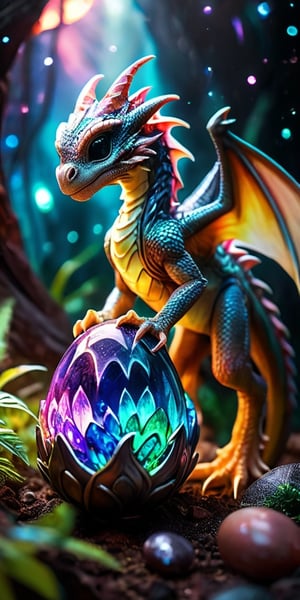 Hatchling in an Alien Nest On a barren moon's surface, a baby dragon emerges from an egg nestled in an alien nest made of glowing crystals and extraterrestrial flora. The dragon's scales reflect the light of the nearby gas giant, creating a mesmerizing display.