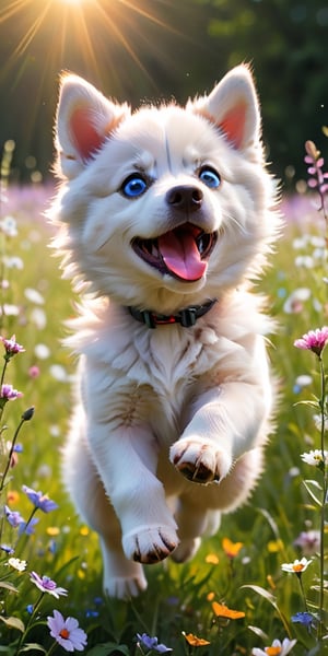 A husky puppy with piercing blue eyes and fluffy white fur, its playful energy boundless, bounds through a field of wildflowers, chasing a brightly colored butterfly. The puppy's pink tongue flops out in joyful exertion as it leaps and pounces, its soft fur catching the sunlight in a burst of white. The butterfly, with wings of vibrant orange and black, flits just out of reach, leading the energetic pup on a merry chase through the summer meadow.
