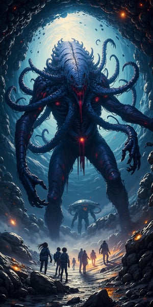 A monstrous alien-beast hybrid, with multiple twisted limbs and acidic saliva, emerging from a space rift to devour a crew stranded in their damaged starship.,Anime Style