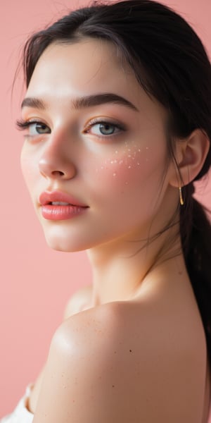 Simple and beautiful portrait of a woman with clear, glowing skin, soft lighting accentuating her features, natural makeup, and a faint smile, set against a plain pastel backdrop.
