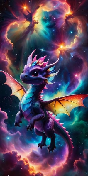 Playful Dragon in a Nebula A playful baby dragon with wings like butterfly wings made of stardust flies through a vibrant nebula. Its body glows with an ethereal light as it weaves through the colorful gas clouds and twinkling stars.