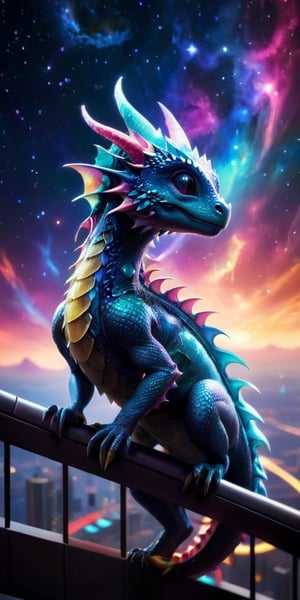 Baby Dragon on a Space Station Balcony A majestic baby dragon with shimmering scales stands on a balcony of a futuristic space station, gazing at the vast expanse of stars and colorful nebulae. Its wings are slightly spread, catching the glow of distant galaxies.