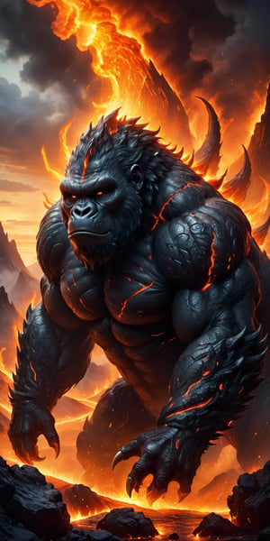 Infernal Behemoth A hulking creature with the body of a gorilla and the head of a dragon, with flames flickering from its nostrils and mouth. Its skin is charred and cracked, revealing molten lava beneath. Its massive hands end in claws that can crush rock. The scene is set in a volcanic landscape, with rivers of lava and erupting geysers.
