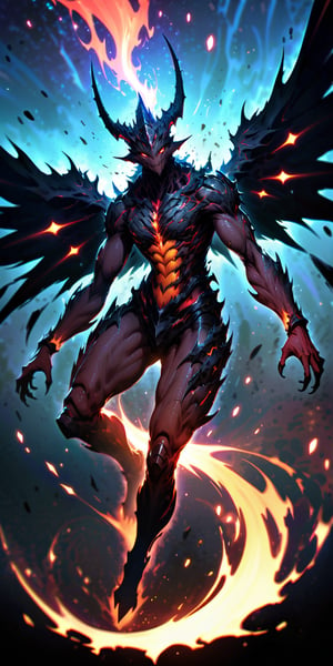 Stellar Menace A monstrous alien with a reptilian body, enormous wings, and a head adorned with sharp horns. Its skin shimmers with an otherworldly hue as it soars through space, leaving a trail of cosmic energy in its wake.
