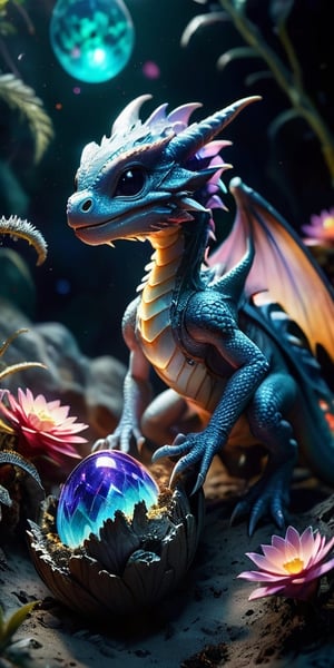 Hatchling in an Alien Nest On a barren moon's surface, a baby dragon emerges from an egg nestled in an alien nest made of glowing crystals and extraterrestrial flora. The dragon's scales reflect the light of the nearby gas giant, creating a mesmerizing display.