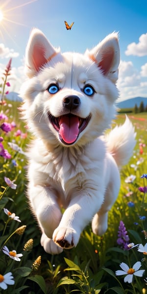 A husky puppy with piercing blue eyes and fluffy white fur, its playful energy boundless, bounds through a field of wildflowers, chasing a brightly colored butterfly. The puppy's pink tongue flops out in joyful exertion as it leaps and pounces, its soft fur catching the sunlight in a burst of white. The butterfly, with wings of vibrant orange and black, flits just out of reach, leading the energetic pup on a merry chase through the summer meadow.
