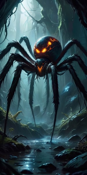 The Rift Spawns In the depths of an interstellar rift, where reality frays, monstrous beings emerge. Picture a creature with the body of a colossal spider, its hairy legs ending in sharp, hooked claws. Its bloated abdomen pulses with a sickly glow, revealing a multitude of eyes that fixate on its prey with an insatiable hunger.
