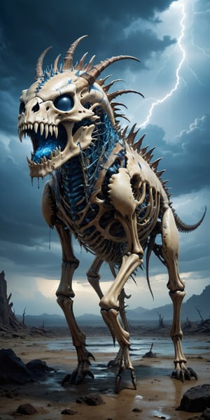 Bone Reaver A skeletal monstrosity with the body of a crustacean and the head of a saber-toothed cat. Its exoskeleton is covered in spiked protrusions, and its mandibles drip with a corrosive acid. Its eyes glow a haunting blue. The backdrop is a desolate wasteland under a sky filled with storm clouds and lightning.
