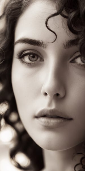 A black and white close-up portrait of a woman with soft, natural curls framing her face. Her expression is thoughtful and introspective. The background is blurred, creating a dreamy effect.
