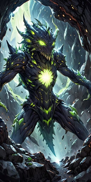 Galactic Terror A sinister alien creature with glowing green eyes, elongated limbs, and a body covered in spiky protrusions. It lurks within a dense asteroid field, waiting to ambush unsuspecting space travellers.
