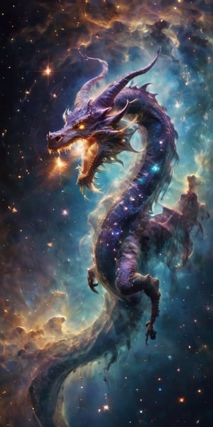 A celestial dragon, its body a tapestry of cosmic colors, adorned with glowing constellations that seem to dance across its scales. It coils around a glowing comet, its serpentine form framed by the vastness of space, with distant galaxies and nebulae painting a breathtaking backdrop.
