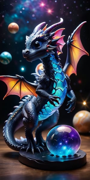 Galactic Playmate A baby dragon plays with a floating holographic projection of the solar system, swatting at the miniature planets and stars. The holographic lights cast a soft glow on its scales, making it look like a creature born of the stars themselves.