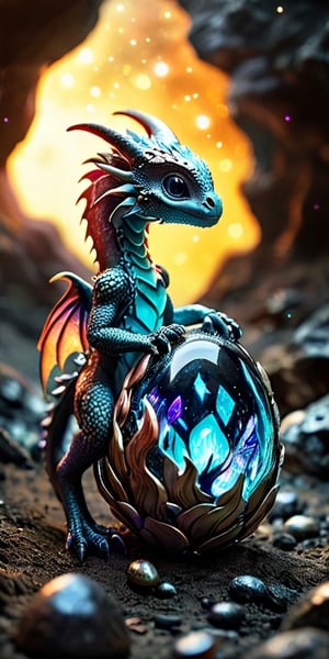 Hatchling in an Alien Nest On a barren moon's surface, a baby dragon emerges from an egg nestled in an alien nest made of glowing crystals and extraterrestrial flora. The dragon's scales reflect the light of the nearby gas giant, creating a mesmerizing display.