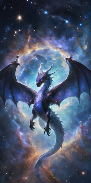 A massive dragon with shimmering scales of iridescent blue and silver, its wings spanning vast distances, gliding gracefully amidst a backdrop of swirling galaxies and twinkling stars. The dragon's eyes glow with the light of distant nebulae, and its breath creates beautiful trails of stardust behind it.
