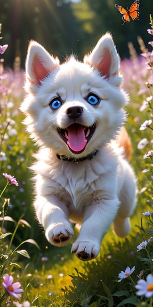 A husky puppy with piercing blue eyes and fluffy white fur, its playful energy boundless, bounds through a field of wildflowers, chasing a brightly colored butterfly. The puppy's pink tongue flops out in joyful exertion as it leaps and pounces, its soft fur catching the sunlight in a burst of white. The butterfly, with wings of vibrant orange and black, flits just out of reach, leading the energetic pup on a merry chase through the summer meadow.
