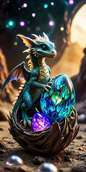 Hatchling in an Alien Nest On a barren moon's surface, a baby dragon emerges from an egg nestled in an alien nest made of glowing crystals and extraterrestrial flora. The dragon's scales reflect the light of the nearby gas giant, creating a mesmerizing display.