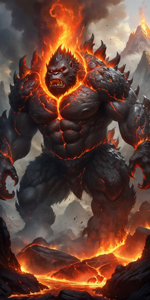 Infernal Behemoth A hulking creature with the body of a gorilla and the head of a dragon, with flames flickering from its nostrils and mouth. Its skin is charred and cracked, revealing molten lava beneath. Its massive hands end in claws that can crush rock. The scene is set in a volcanic landscape, with rivers of lava and erupting geysers.
