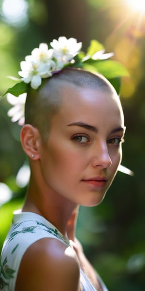 A close-up portrait of a woman with a half-shaved head and a blooming flower tucked behind her ear. Her eyes are filled with peace and serenity. The background is a lush green forest with sunlight dappling through the leaves.
