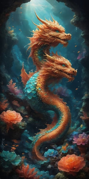 Design a concept art piece of a baby cloud dragon soaring amidst a vibrant coral reef. Imagine the dragon's scales resembling fluffy clouds, adorned with tiny pearls that resemble raindrops. Let the dragon playfully puff out small, cotton-like clouds that drift around the coral, and depict schools of colorful fish swimming alongside the curious hatchling.
