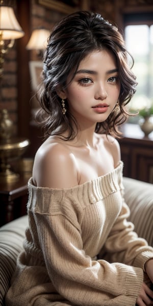 A close-up portrait of a beautiful woman with warm, caramel-toned skin and shoulder-length, curly hair. Her dark brown eyes are expressive and full of life, framed by thick lashes and natural brows. She has a small, cute nose and her lips are a soft nude shade, forming a subtle smile. She is wearing a simple, off-the-shoulder top, and the background is softly blurred with warm, earthy tones, creating a cozy, intimate feel.
