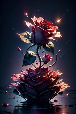 close up angle of (( floating on air)), (red rose petal) , detailed focus, deep bokeh, beautiful, dreamy colors, dark cosmic background. Visually delightful ,3D,more detail XL,dreamwave,More Detail,aesthetic
