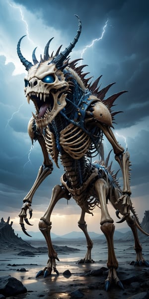 Bone Reaver A skeletal monstrosity with the body of a crustacean and the head of a saber-toothed cat. Its exoskeleton is covered in spiked protrusions, and its mandibles drip with a corrosive acid. Its eyes glow a haunting blue. The backdrop is a desolate wasteland under a sky filled with storm clouds and lightning.
