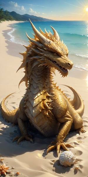 Craft a digital painting of a baby sand dragon basking on a sun-drenched beach. Give its scales a textured, sandy appearance, with hints of seashells and coral fragments embedded within. Depict the dragon playfully digging in the sand, leaving trails of tiny footprints, and let gentle waves lap at the shore, creating a sense of serenity.
, 
