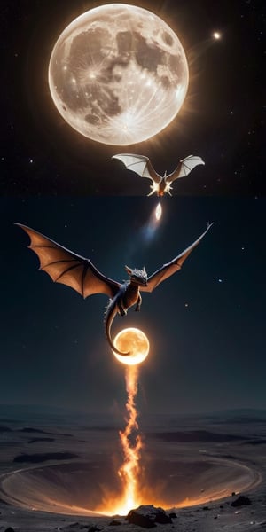 First Flight A baby dragon takes its first flight over a moon’s surface, with a magnificent gas giant dominating the sky. Its wings spread wide, catching the light from the planet’s rings, creating a majestic, awe-inspiring sight.