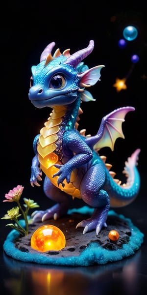 Galactic Playmate A baby dragon plays with a floating holographic projection of the solar system, swatting at the miniature planets and stars. The holographic lights cast a soft glow on its scales, making it look like a creature born of the stars themselves.